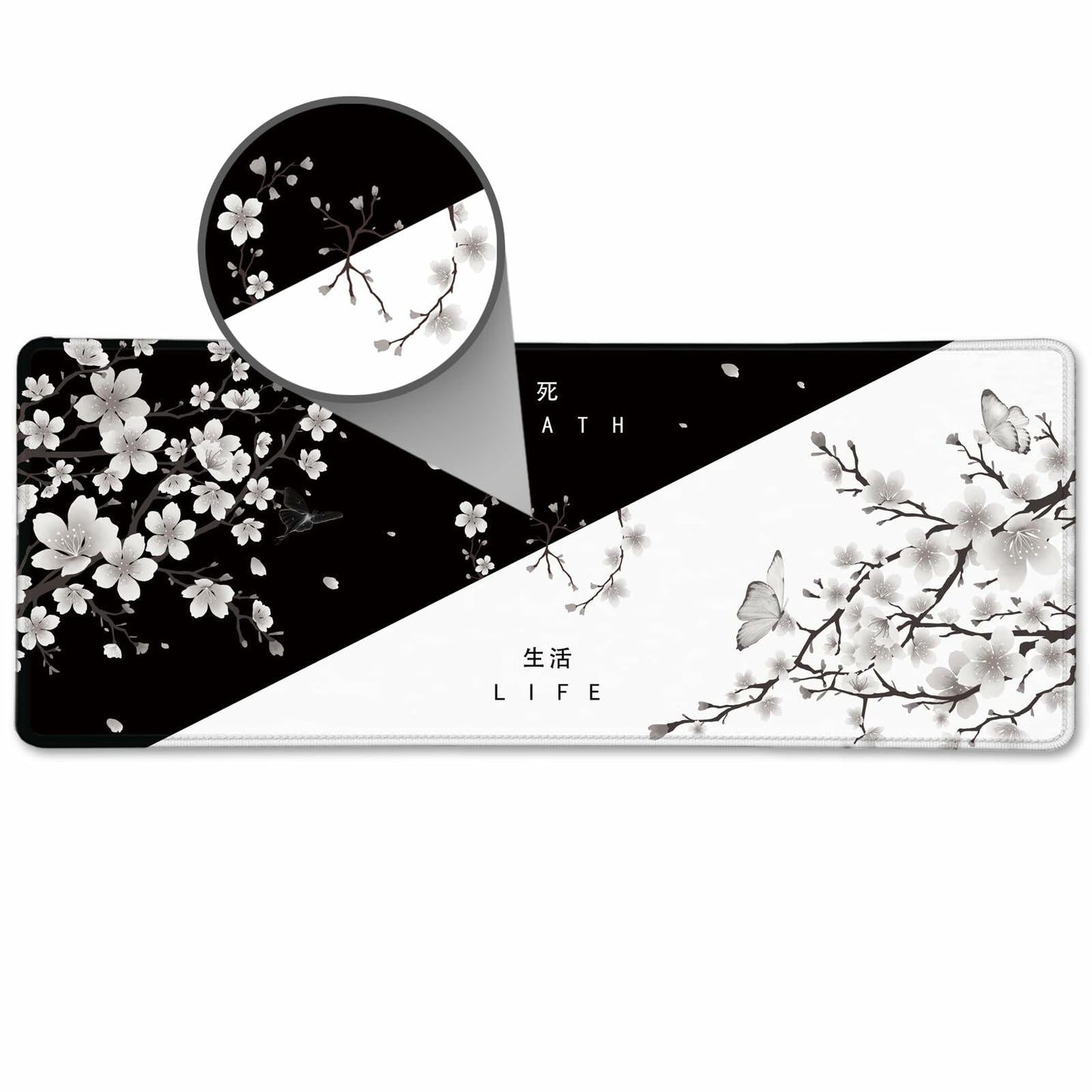 Cherry Blossom Yin Yang Mouse Pad XL Black White 31.5x11.8in