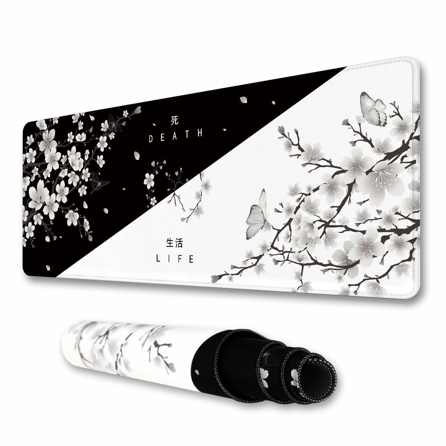 Cherry Blossom Yin Yang Mouse Pad XL Black White 31.5x11.8in