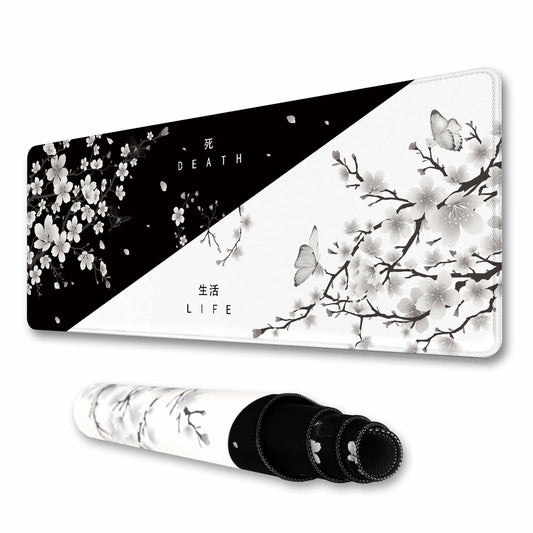 Cherry Blossom Yin Yang Mouse Pad XL Black White 31.5x11.8in