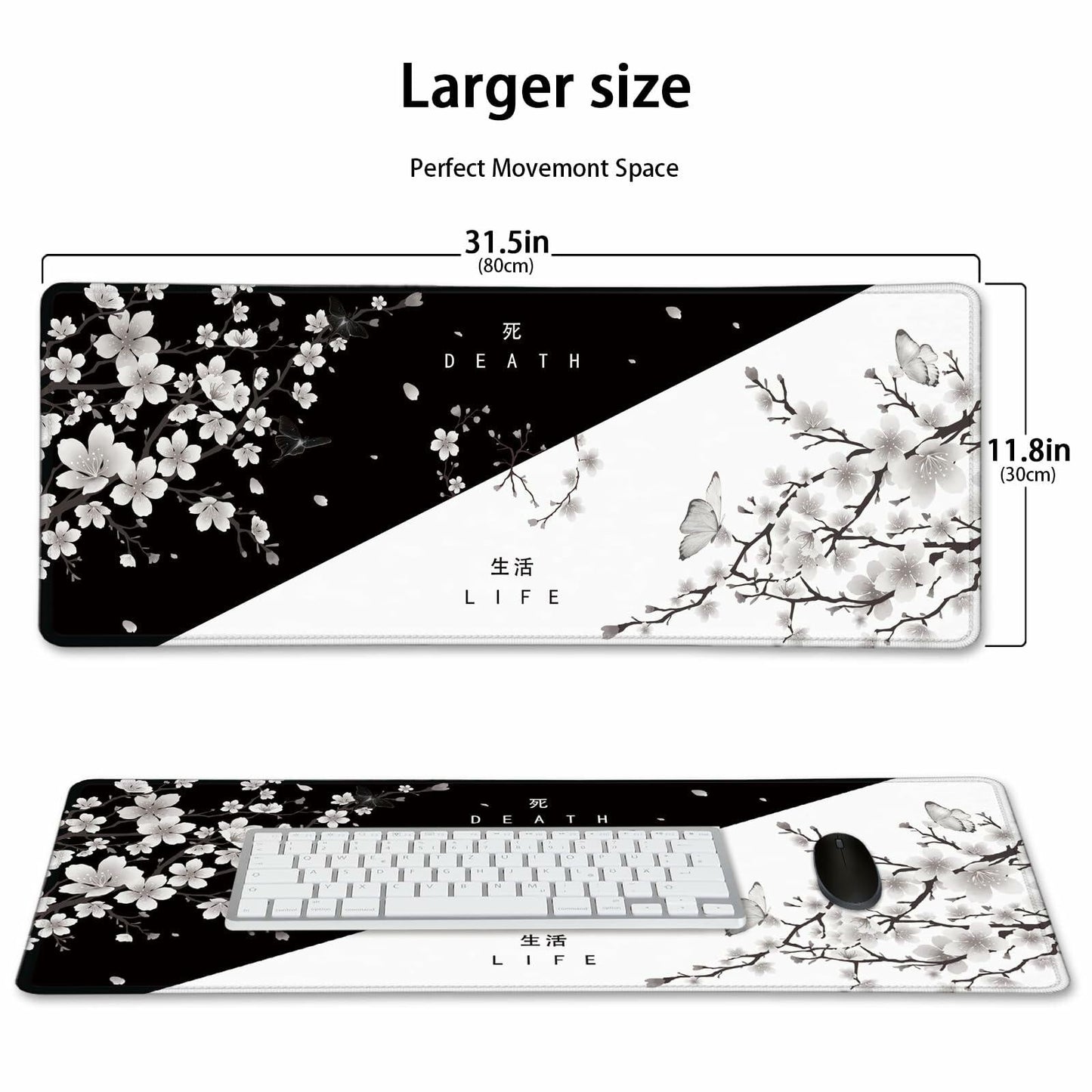 Cherry Blossom Yin Yang Mouse Pad XL Black White 31.5x11.8in