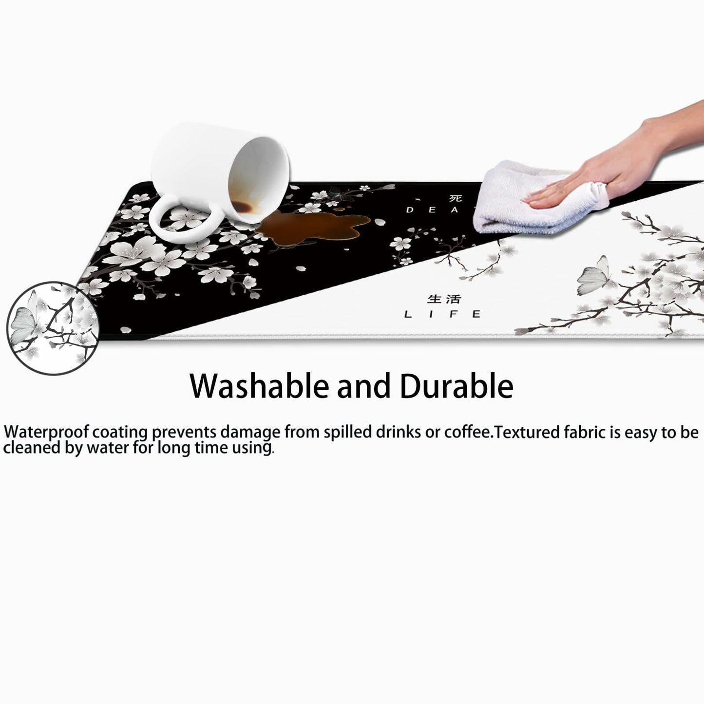 Cherry Blossom Yin Yang Mouse Pad XL Black White 31.5x11.8in